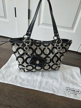 Coach Madison Op Art Canvas Tote Shoulder Bag Black w/ Coin Purse & Dust Bag